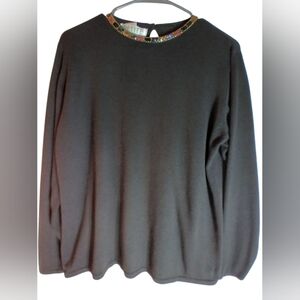 Petite Sophistcate Black Long Sleeve Top with Jeweled Collar Lightweight Size M